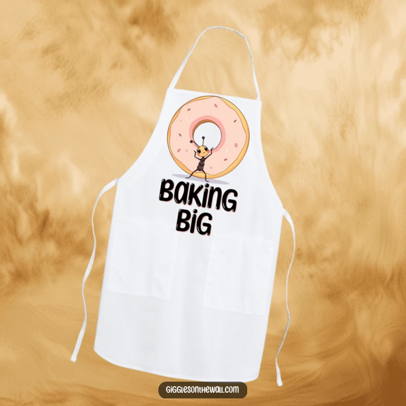 Funny tiny ant lifting a giant donut on a kitchen apron, a humorous and practical accessory.