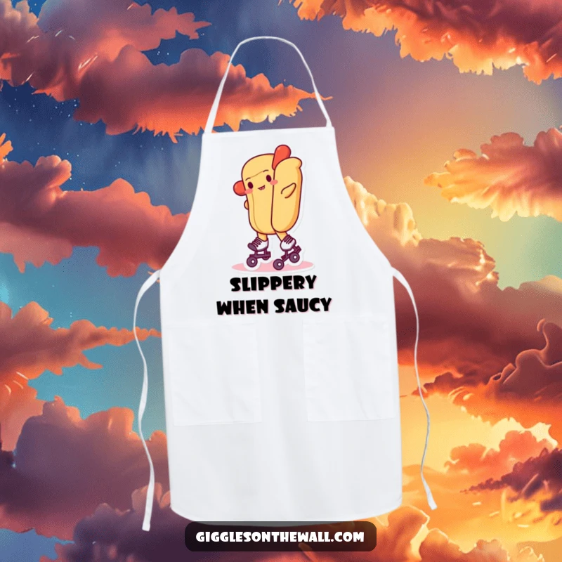 Funny apron showcasing a hot dog bravely roller skating, ideal for kitchen use and humorous cooking sessions.