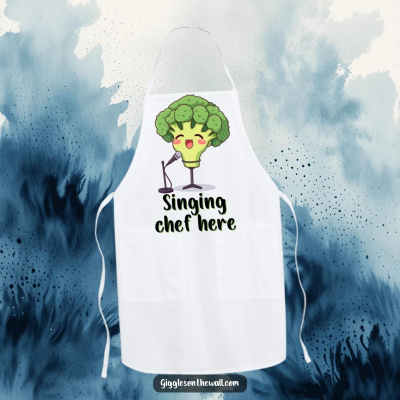 Funny opera broccoli apron, a proud broccoli character singing its heart out, ready for kitchen performances.