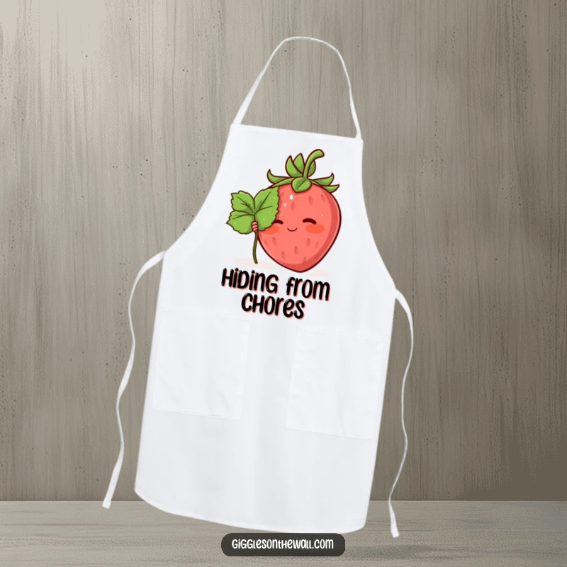 Funny apron featuring a blushing strawberry character hiding behind a leaf, adding shy charm to kitchen tasks.