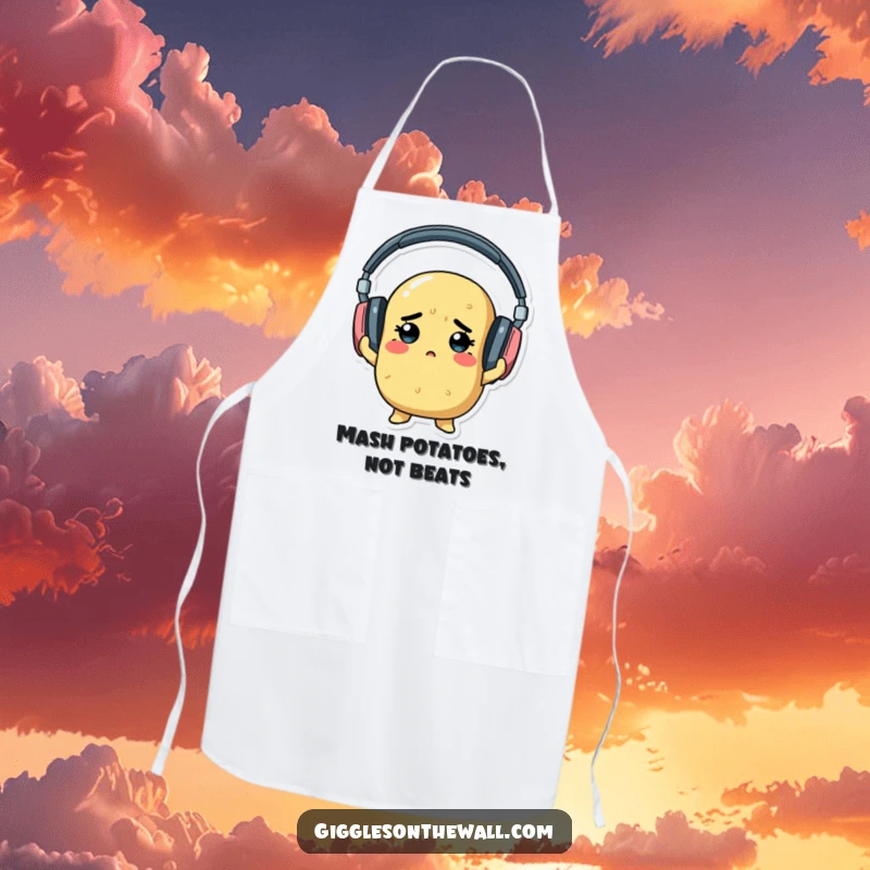 A determined potato hilariously struggling with oversized headphones, featured on a functional and humorous apron.