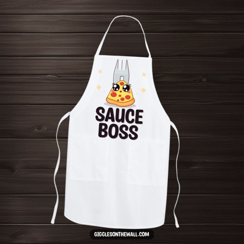 Funny apron depicting a pizza slice in backstage panic from a giant fork. A humorous kitchen accessory for culinary enthusiasts.