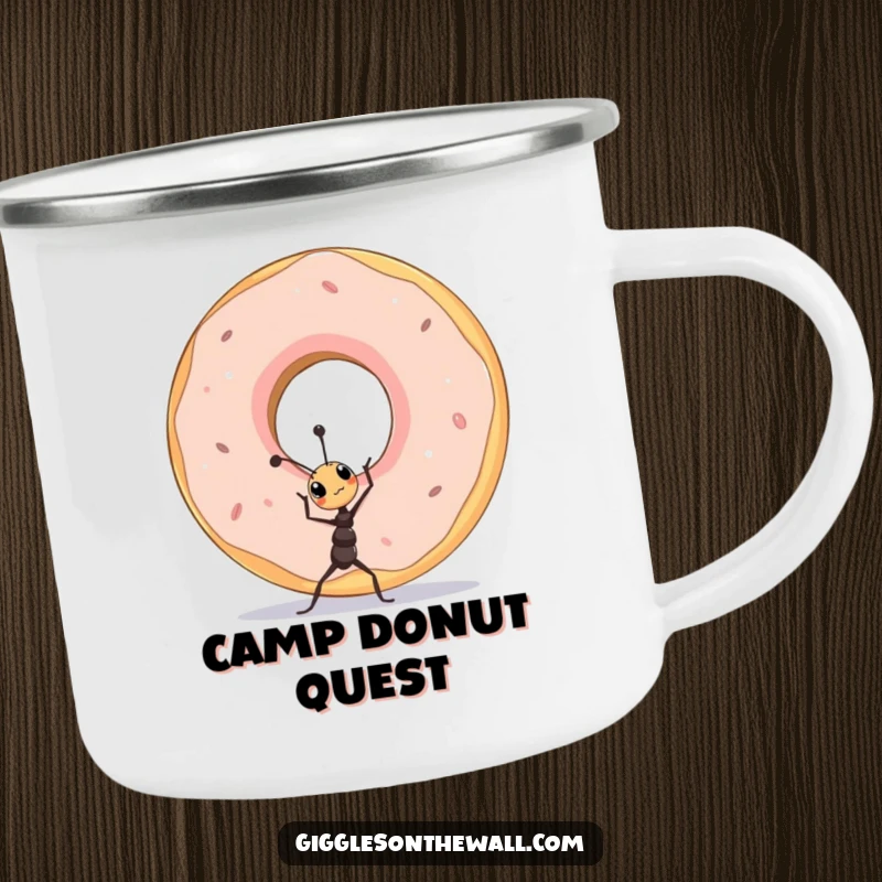 Funny tiny ant lifting a giant donut on a durable camping mug, perfect for outdoor inspiration.