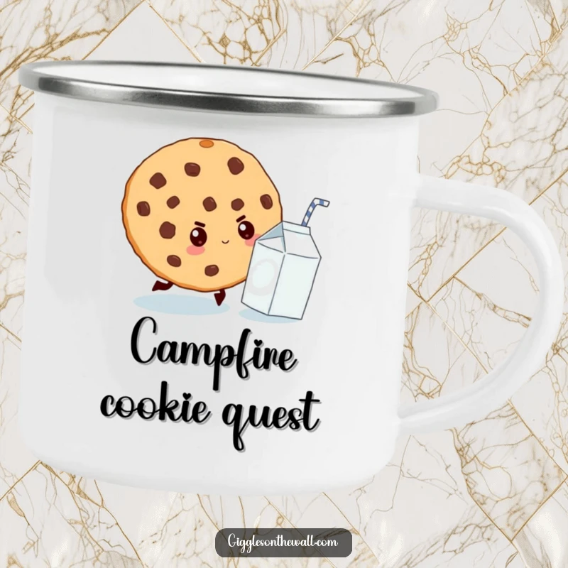 Funny camping mug featuring a giant cookie determinedly chasing a tiny milk carton, perfect for outdoor enthusiasts who love sweets humor.