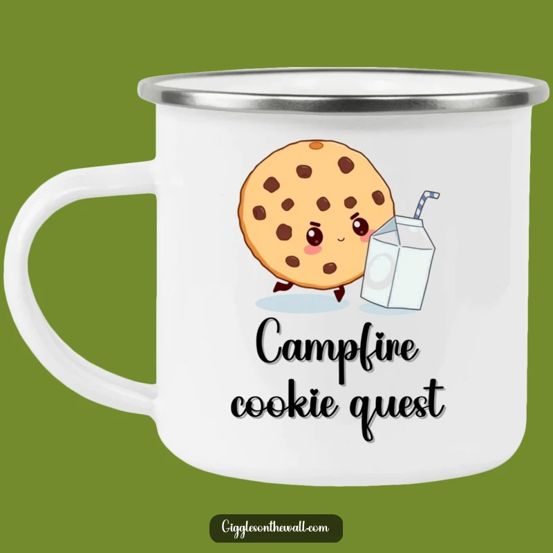 Enjoy your campfire treats with a chase! This funny camping mug features a determined cookie on the hunt for milk.
