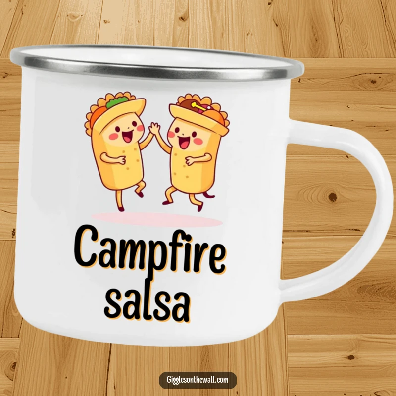 Funny dancing tacos camping mug, a durable cup with a set of tacos performing a synchronized salsa dance.