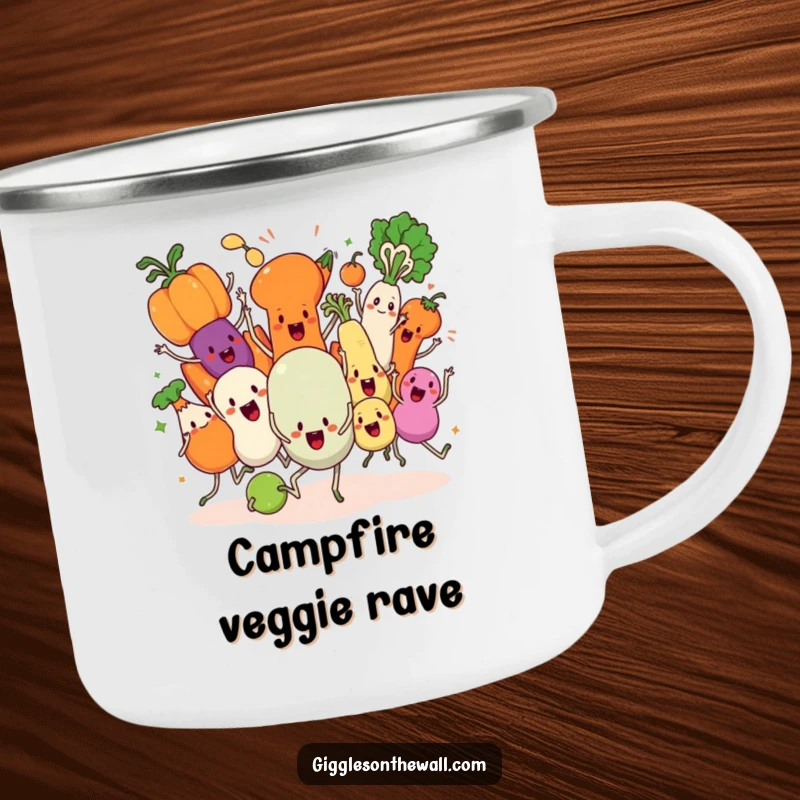 Funny Veggie Dance Camping Mug, sturdy enamel design showing animated vegetables in a chaotic synchronized dance.