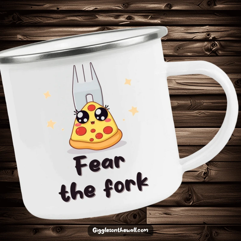 Funny camping mug with a pizza slice terrified of a large fork backstage. Durable enamel design for outdoor humor and beverages.