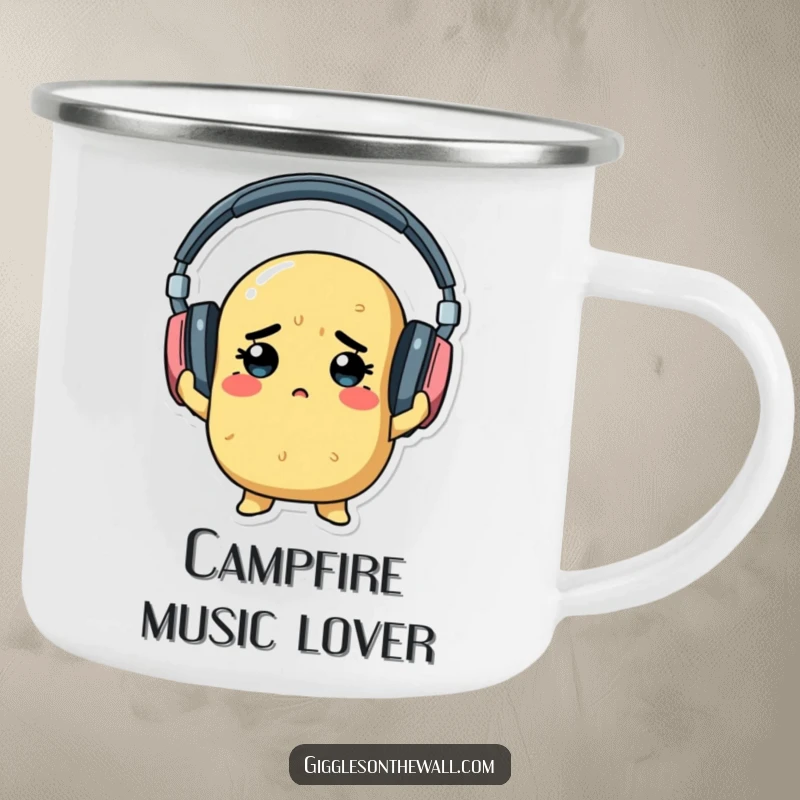A determined potato hilariously trying to wear oversized headphones, printed on a durable and humorous camping mug.