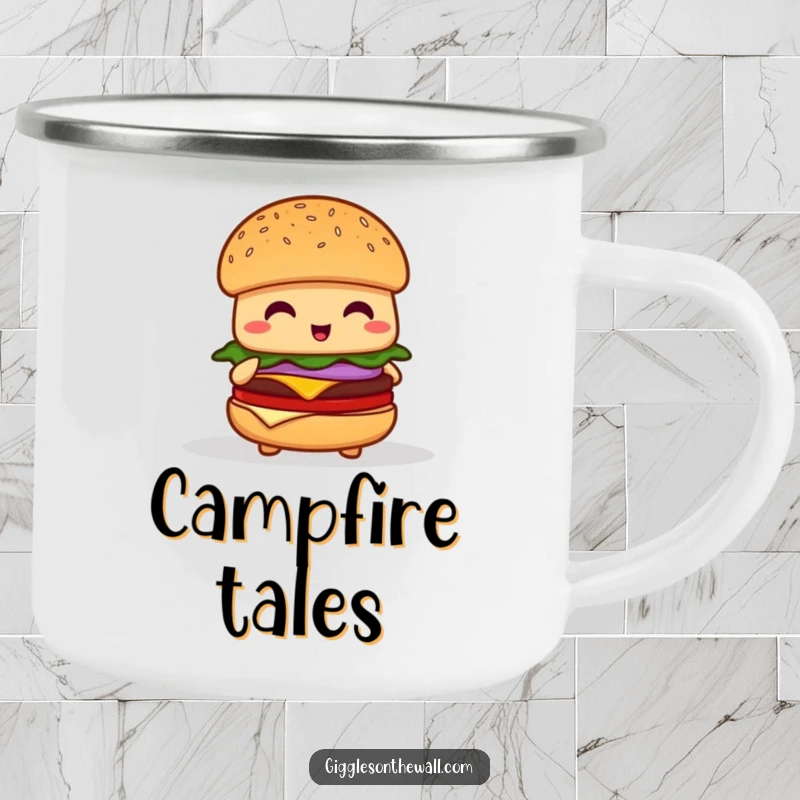 Funny shy hamburger camping mug, a durable cup with a timid burger character attempting to give a speech.
