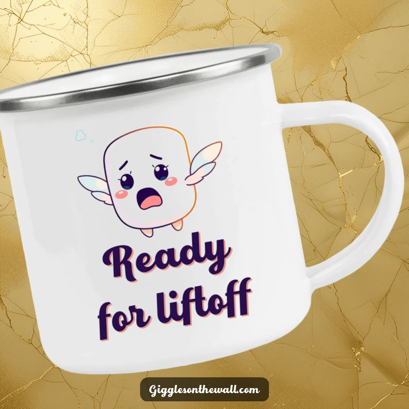 Funny camping mug featuring a startled marshmallow character with tiny wings, hilariously attempting to fly, perfect for outdoor enjoyment.