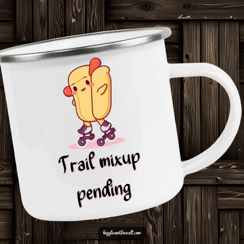 Funny camping mug displaying a hot dog attempting to roller skate in the wild, sturdy and humorous.