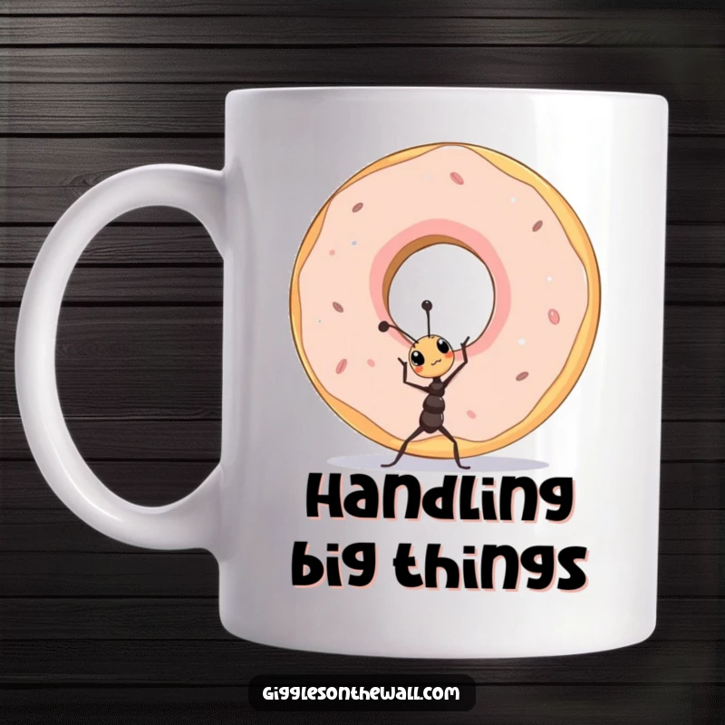 Funny tiny ant character proudly lifting a colossal donut, a symbol of effort on a coffee mug.