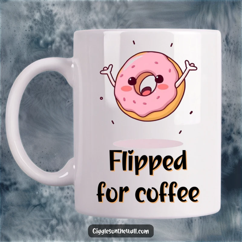 Funny mug showing a donut with arms hilariously attempting a clumsy cartwheel in the air, perfect for a chuckle.