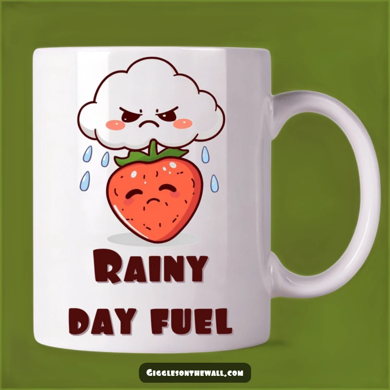 Start your day with a dose of rainy day humor! This funny mug features a grumpy cloud raining on a cheerful strawberry.