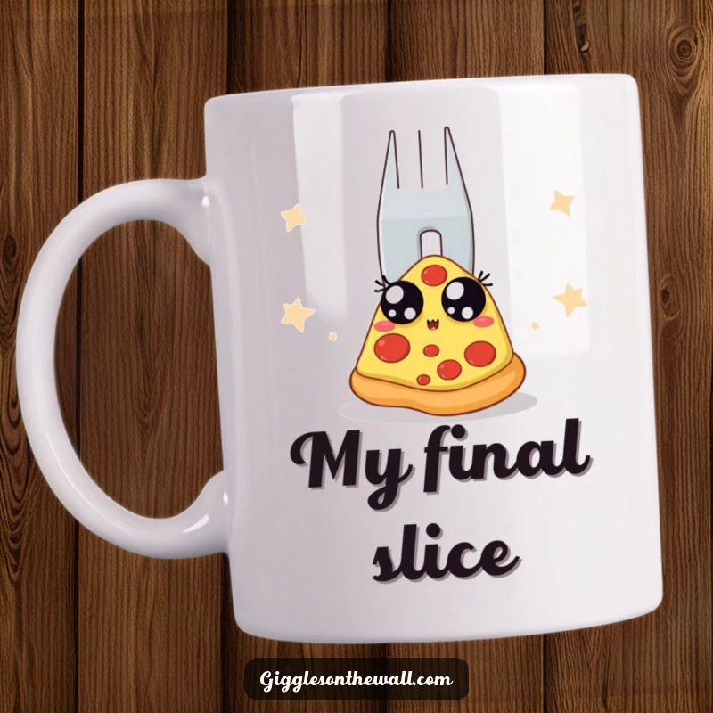 Funny mug featuring a terrified pizza slice backstage, eyes wide, staring at an enormous threatening fork. A comical scene of culinary dread.