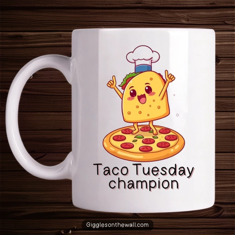Funny Taco Chef Victory Mug: A taco in a chef hat dances triumphantly on a pizza, celebrating culinary success with humorous, festive energy.