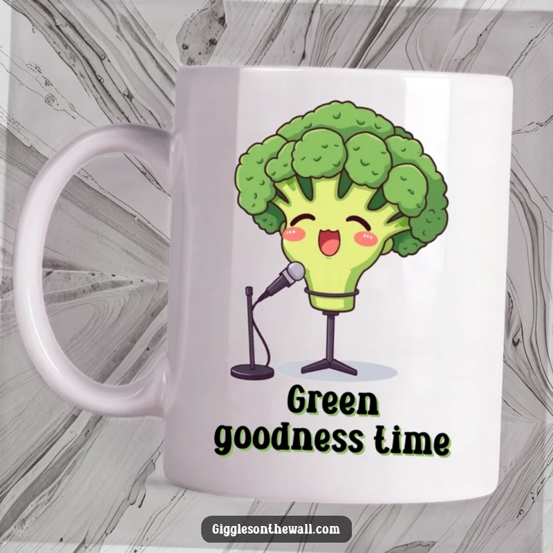 Funny opera broccoli mug, a proud broccoli character singing passionately into a microphone, owning the stage.