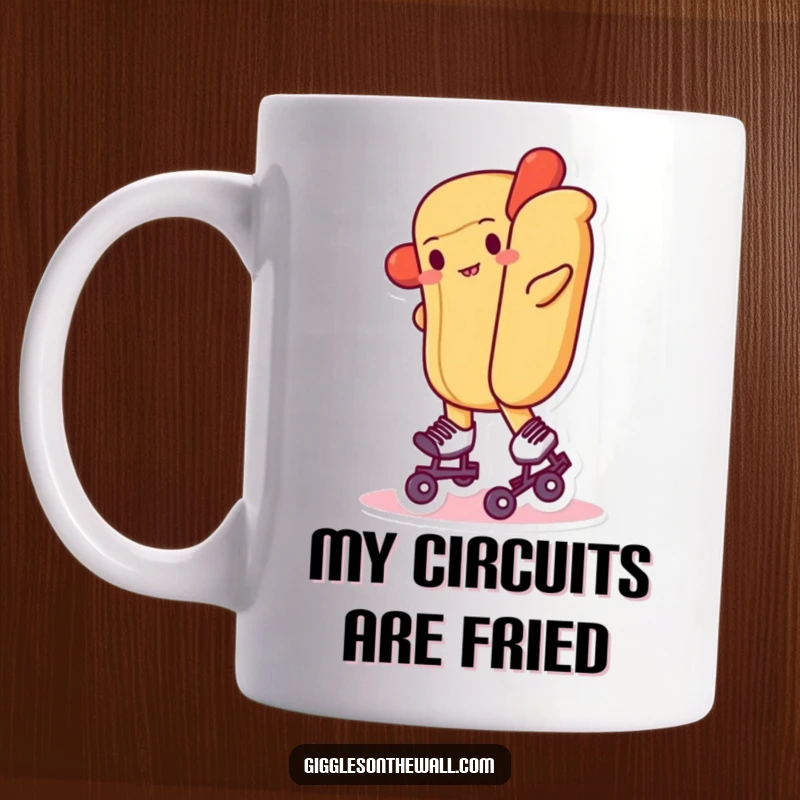 Funny mug with a hot dog on tiny roller skates, wobbling hilariously, perfect for coffee lovers who enjoy quirky art.