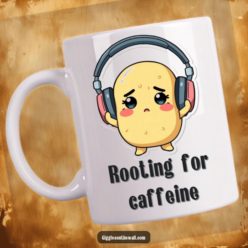 Funny determined potato hilariously trying to wear huge headphones that are much too big for its head, on a mug.