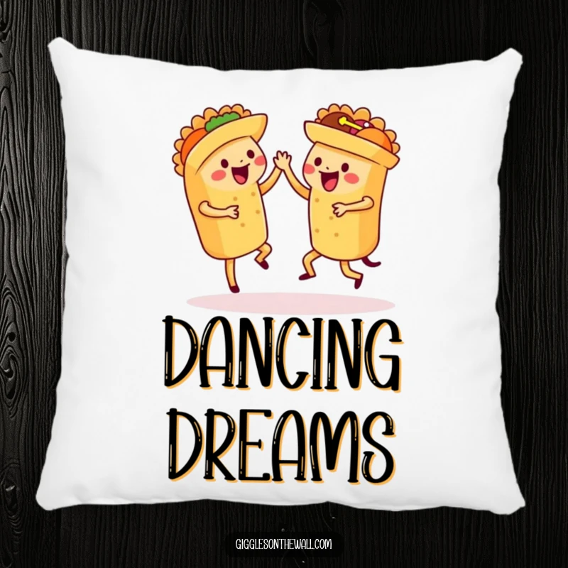 Funny dancing tacos pillow, a soft cushion featuring a group of tacos doing a synchronized salsa dance.
