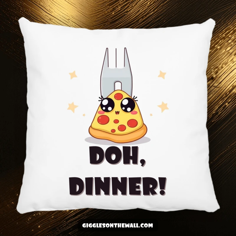 Funny pillow with a pizza slice nervously eyeing a giant fork backstage. Soft, huggable, and hilariously designed for relaxation.