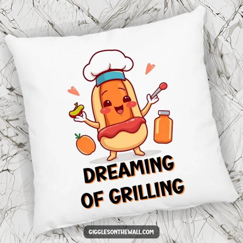 Funny pillow featuring a smiling hot dog chef character juggling condiments, offering cozy humor and kitchen charm.