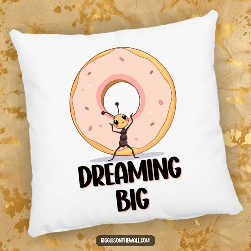 Funny tiny ant lifting a colossal donut, printed on a soft and comfy pillow, symbolizing strength.