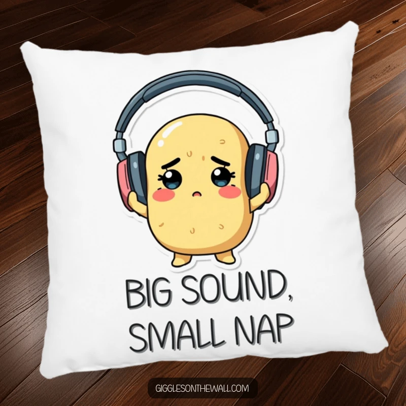 A determined potato hilariously trying to wear oversized headphones, depicted on a soft and funny decorative pillow.