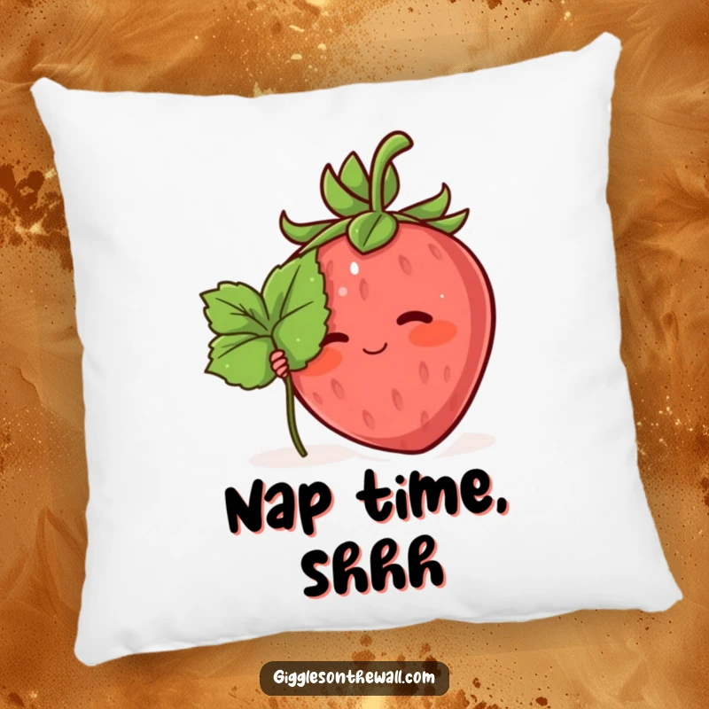 Funny pillow featuring a blushing strawberry character shyly hiding behind a tiny leaf, offering comforting bashfulness.