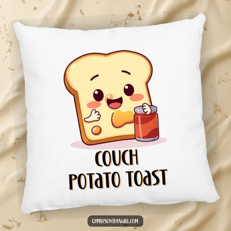 Funny pillow featuring a sentient slice of toast taking a selfie with jam, perfect for comfortable humor.