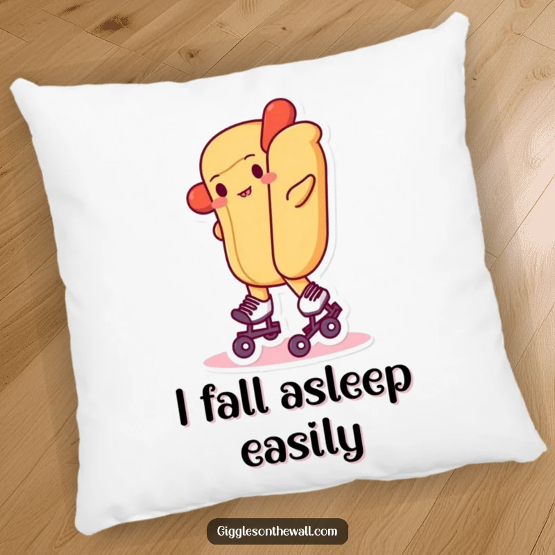 Funny pillow design of a hot dog attempting to roller skate, showcasing a comical, wobbly posture.