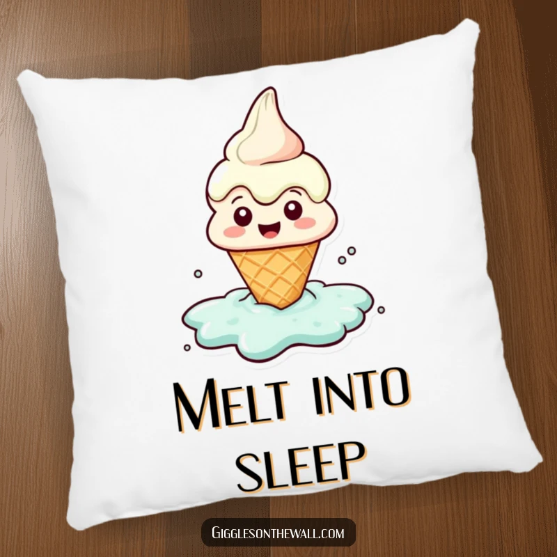 Funny pillow featuring a happy ice cream cone character melting into a puddle, offering cozy sweetness and humor.