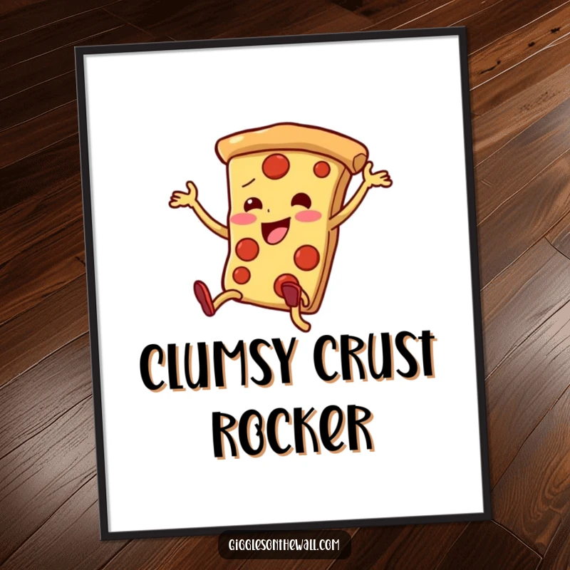 Funny pizza slice digital art print with legs dancing enthusiastically, clumsy yet joyful, high-resolution and humorous decor.