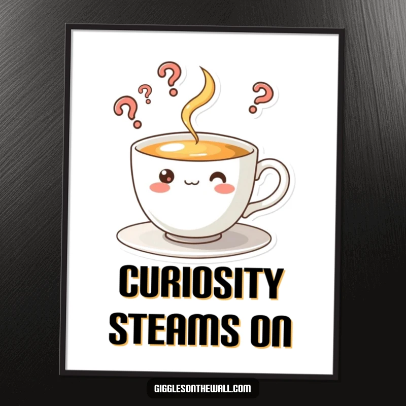 Funny digital art print of a curious teacup character with steam rising in question marks, perfect for humorous decor.