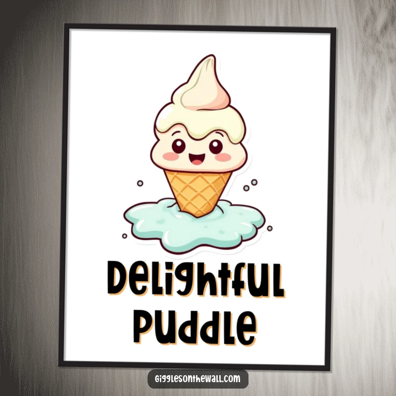 Funny digital art print of a cheerful ice cream cone character melting into a puddle of delight, perfect for sweet decor.