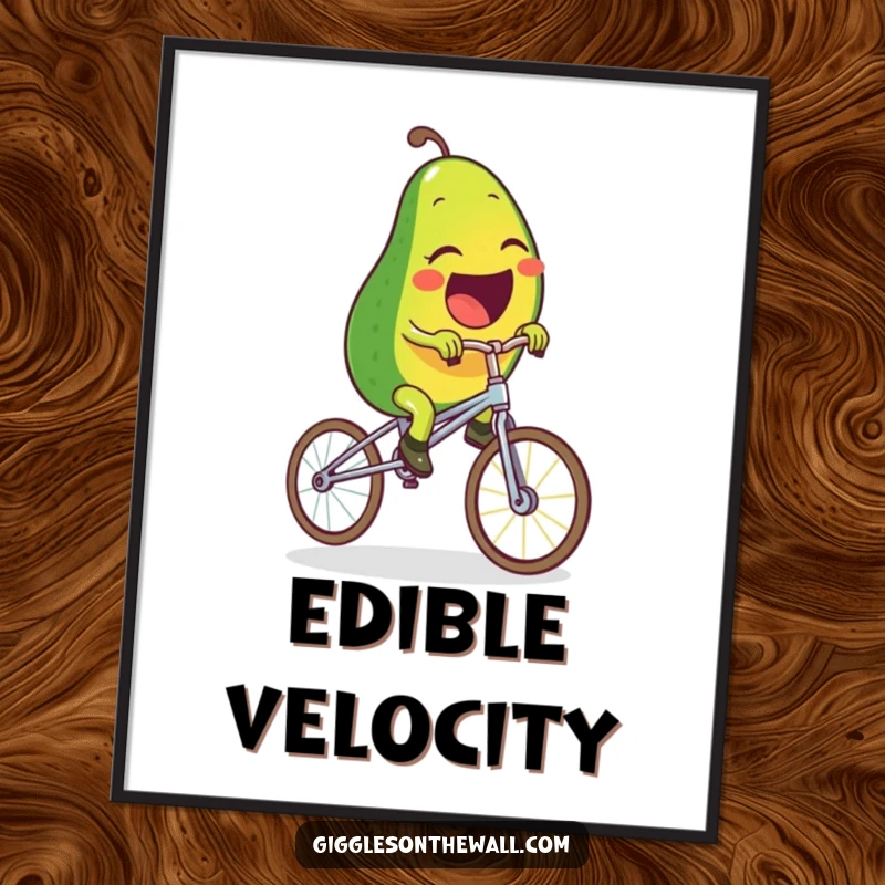 Funny digital art print of a laughing avocado character joyfully attempting to ride a spaghetti unicycle, ready to be printed and displayed.