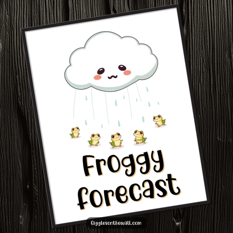 Funny frog rain cloud digital art print of a cloud crying a large tear, raining tiny bouncing frogs, perfect for instant download and humor.