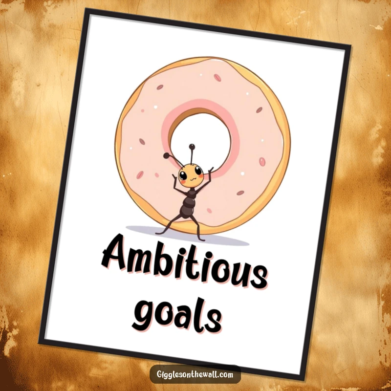Funny tiny ant lifting a comically oversized donut, a high-resolution digital art print for instant motivational decoration.