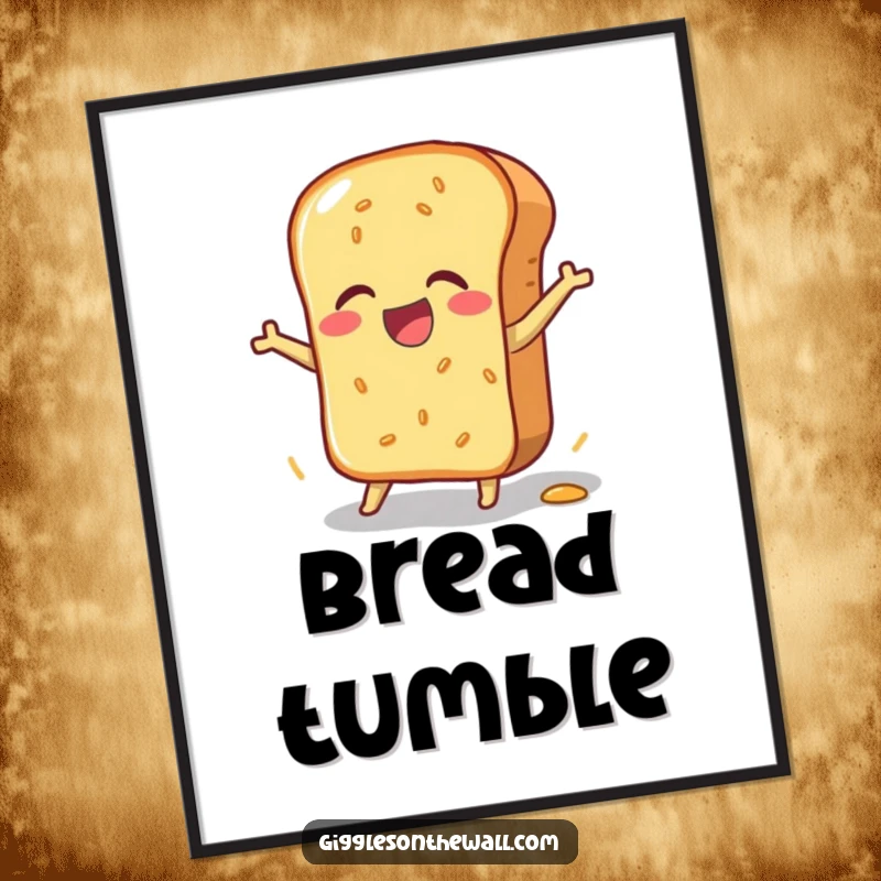 Funny bread loaf digital art print in a clumsy, joyful pratfall, creating a whimsical and cheerful wall decoration, a perfect funny gift.