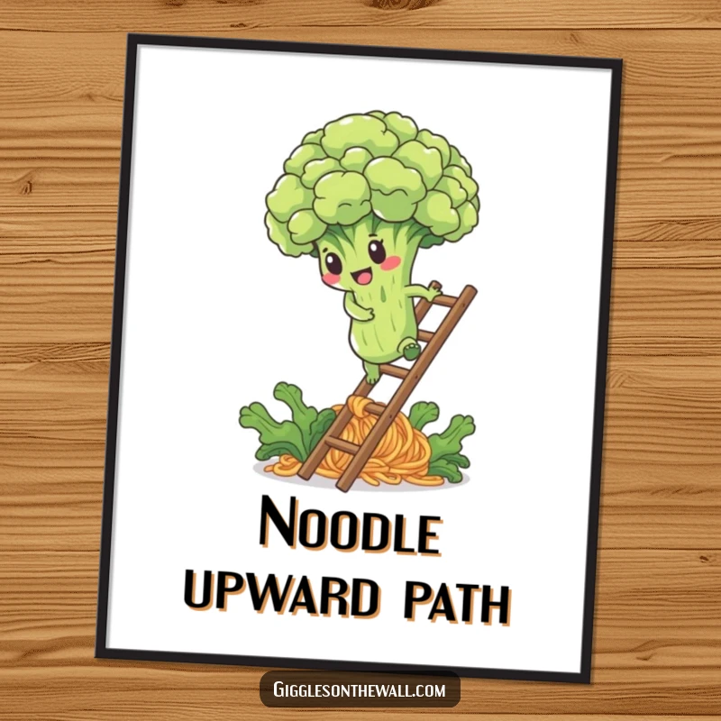 Funny digital art print of a determined broccoli floret climbing a noodle ladder, perfect for motivational decor.