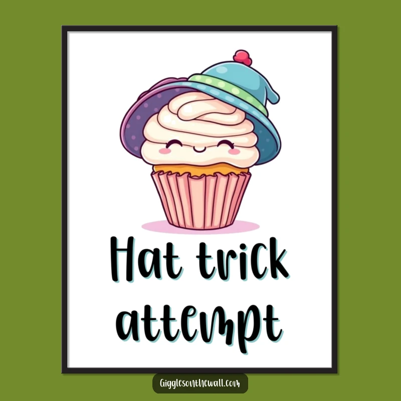 Decorate your space with whimsy and ambition using this funny digital art print. A playful cupcake attempts to wear two hats, adding personality. A unique funny gift.