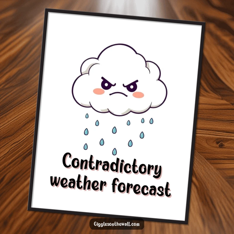 Funny digital art print of a grumpy cloud character showering happy raindrops, ready for instant download and display.