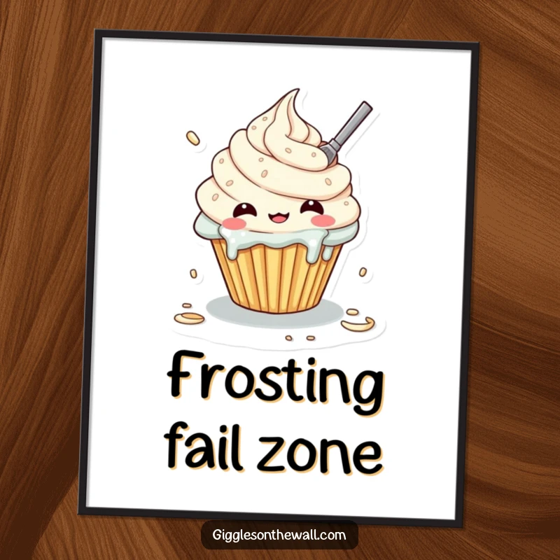 Funny digital art print of a cupcake character comically frosting itself, creating a delightful mess, for immediate display.