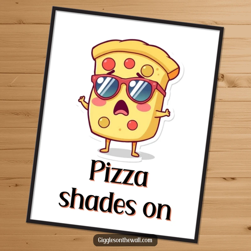 Funny digital art print of a surprised slice of pizza wearing tiny sunglasses, perfect for adding cool decor.