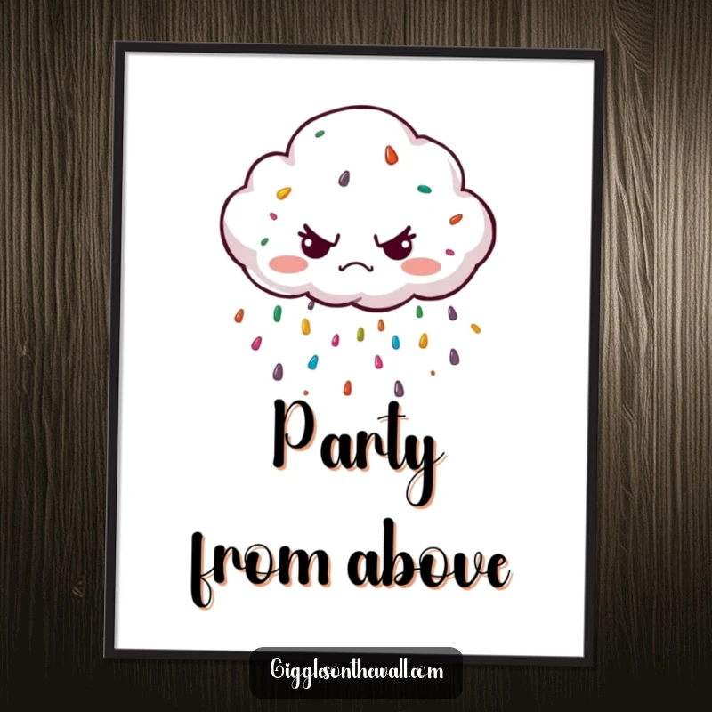 Funny grumpy cloud character unexpectedly raining colorful sprinkles, captured in exciting digital art for immediate download and display.