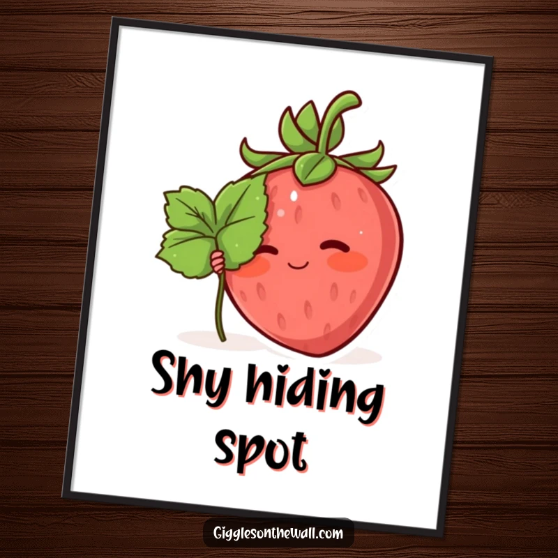 Funny digital art print of a blushing strawberry character hiding behind a leaf, conveying adorable shyness and humor.