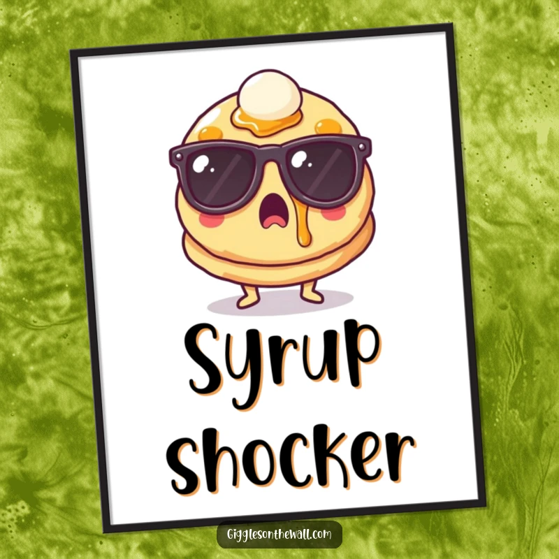 Funny surprised pancake wearing sunglasses and syrup, digital art print, quirky breakfast theme, perfect funny gift.