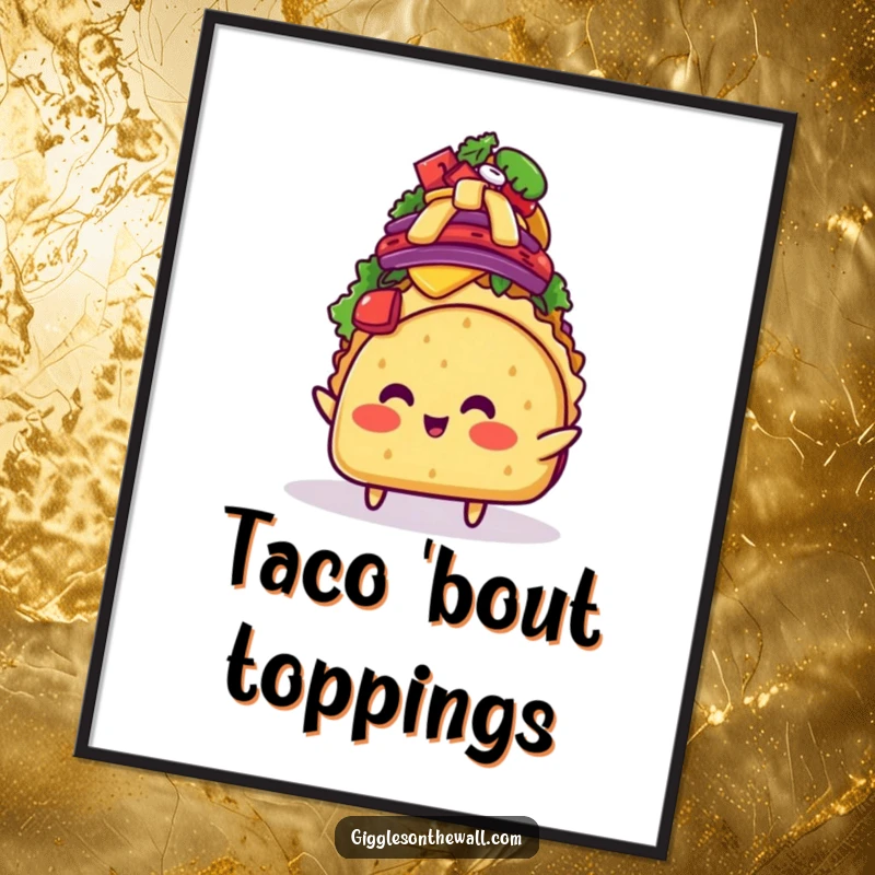 Funny blushing taco character balancing an excessive amount of toppings, captured in exciting digital art for immediate download and display.