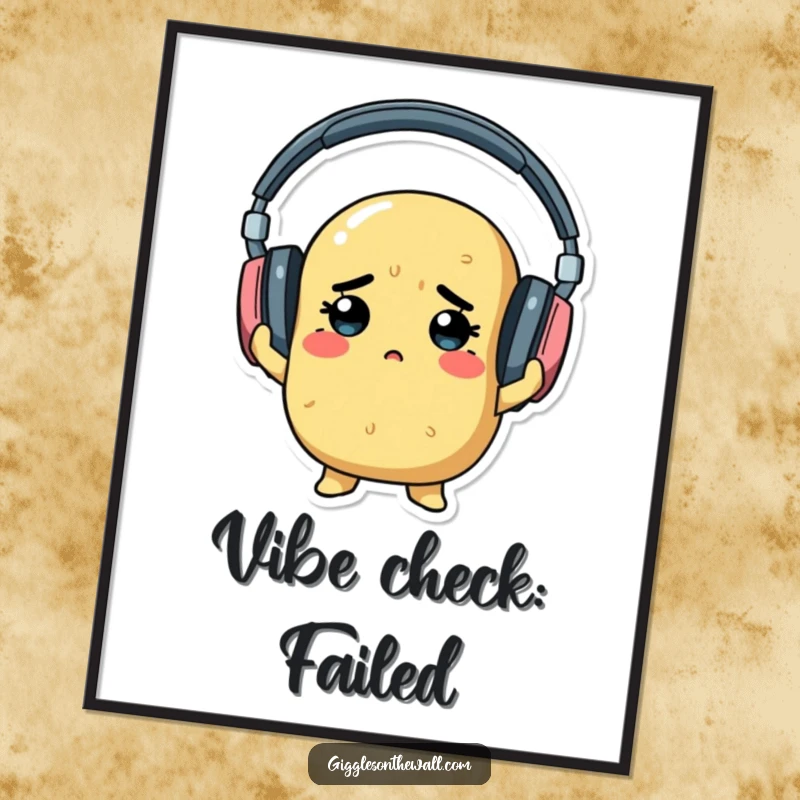 A determined potato hilariously trying to wear oversized headphones, presented as a whimsical and humorous digital art print.